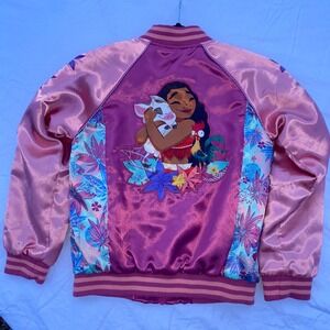 Disney Moana Pua Hei Hei Satin Bomber Jacket Pink Magenta Kids 7/8 Embroidered